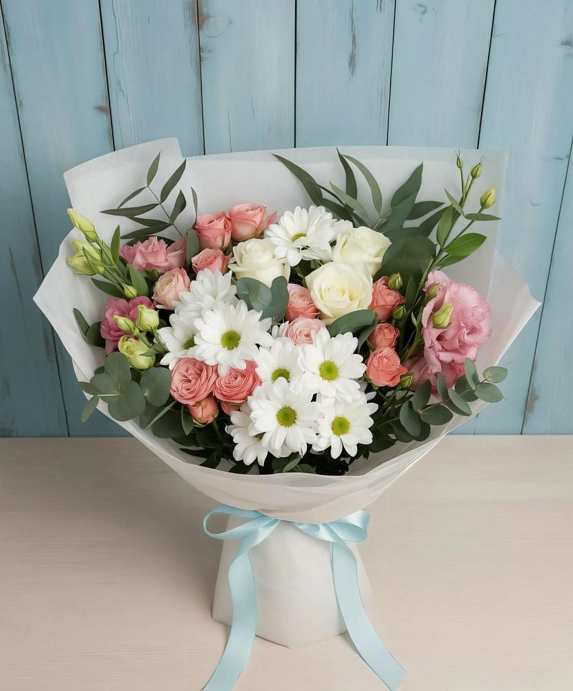 Букет цветов из: Розы, Лизиантусы и Хризантемы в Мариинском Посаде